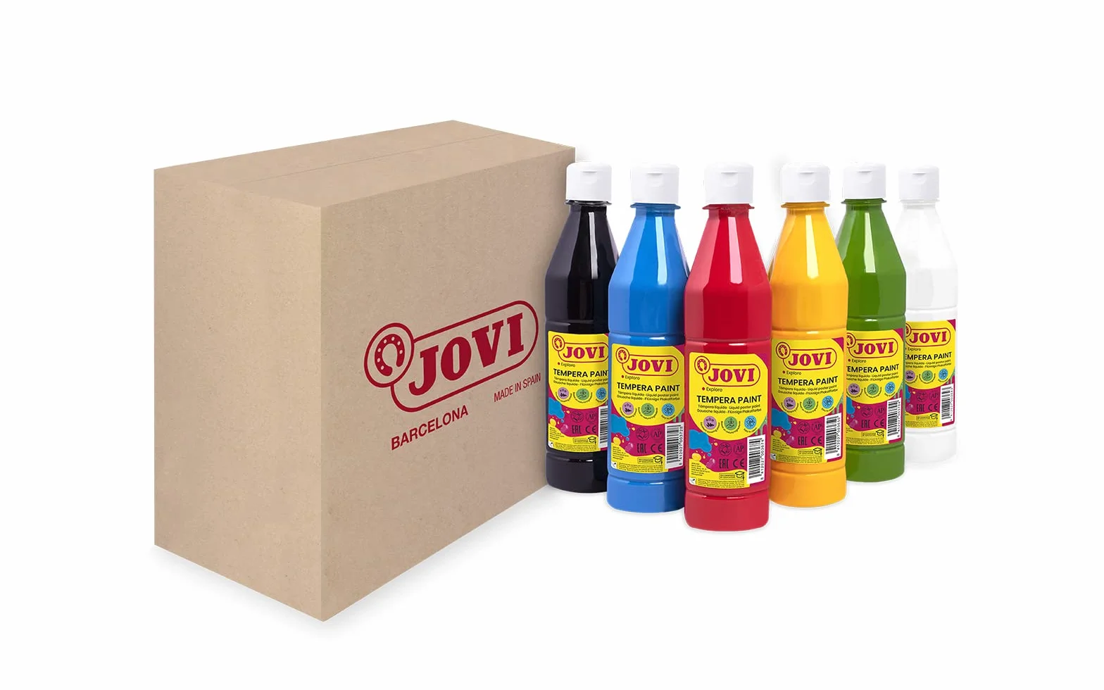 Jovi - Guazzo liquido, Astuccio 6 vasetti da 500 ml, Colori primari, Vernice a base di ingredienti naturali, Facile da lavare, Senza glutine, Ideale per la scuola