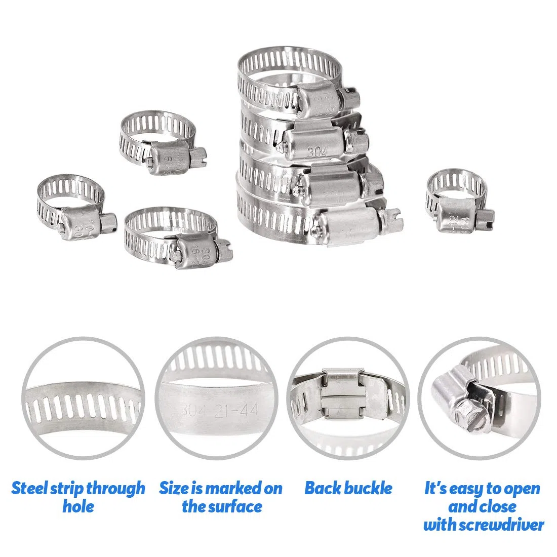 Glarks 100 pezzi regolabili 8-44 mm gamma 304 in acciaio inox vite senza fine kit assortimento di morsetti per tubo dell'acqua, idraulici, applicazioni automobilistiche e meccaniche