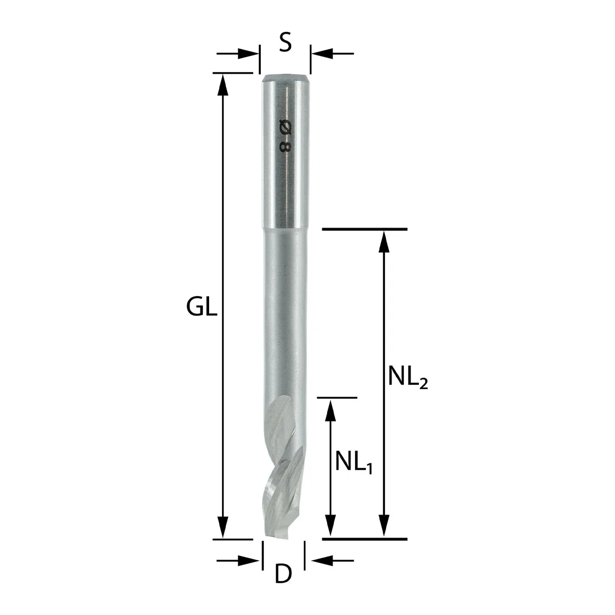 ENT 30025 Fresa a spirale HS, Gambo (S) 8 mm, diametro (D) 8 mm, NL1 14 mm, NL2 54 mm, Z1, GL 80 mm