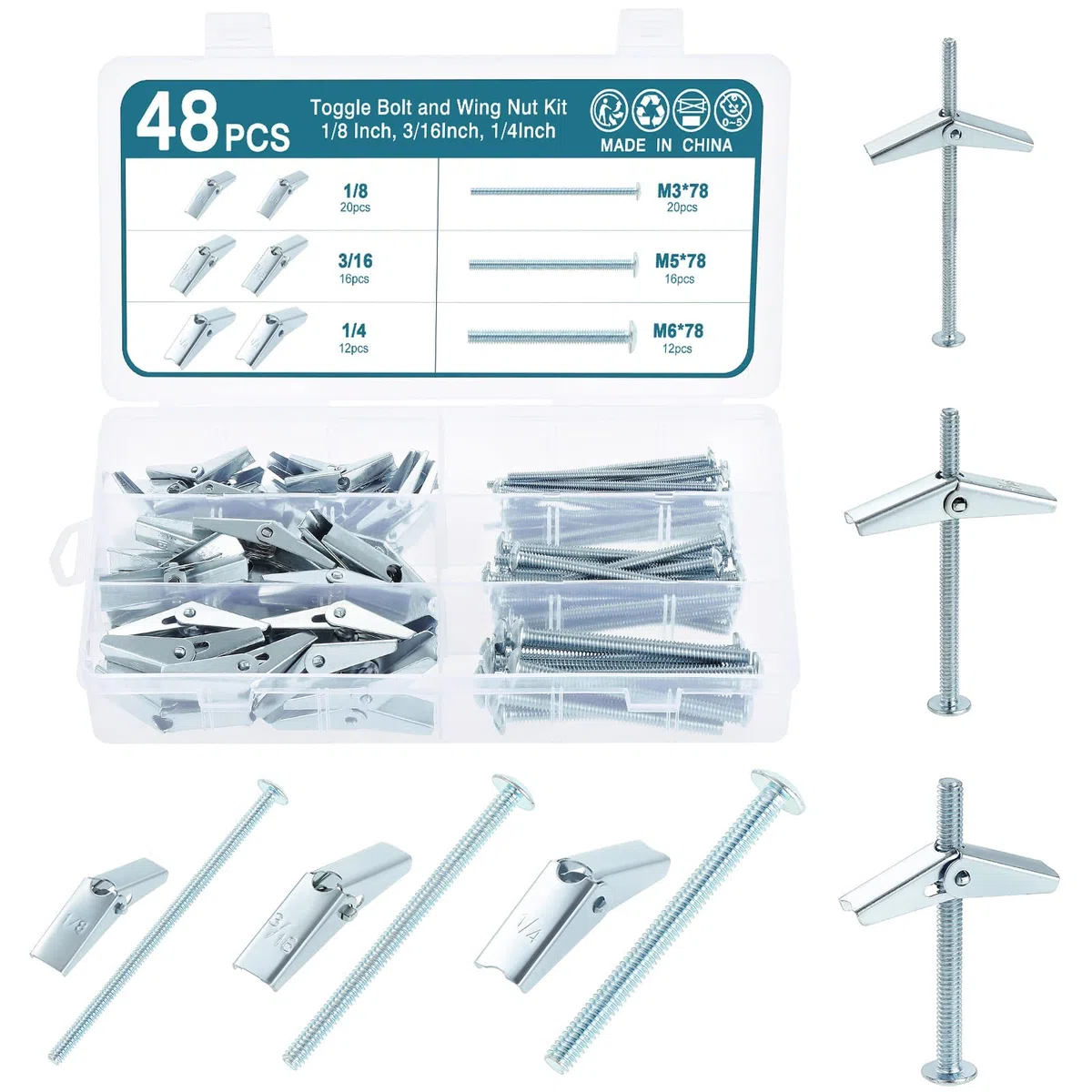 HSEAMALL 48 pz M3 M5 M6 Toggle Bolt e Dado a Farfalla Set per cartongesso Parete Cava Fissaggi Drywall Hanging