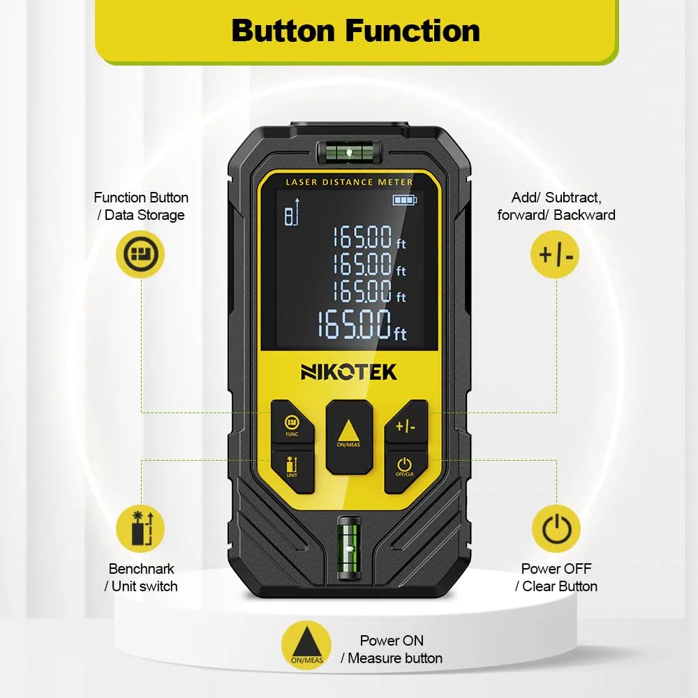 Nikotek Metro Laser, Distanziometro Laser IP54 Strumento di Misurazione Digitale Portatile Telemetro con Livelli a Bolla e Display LCD a 4 righe (2 * Batteria Inclusa)