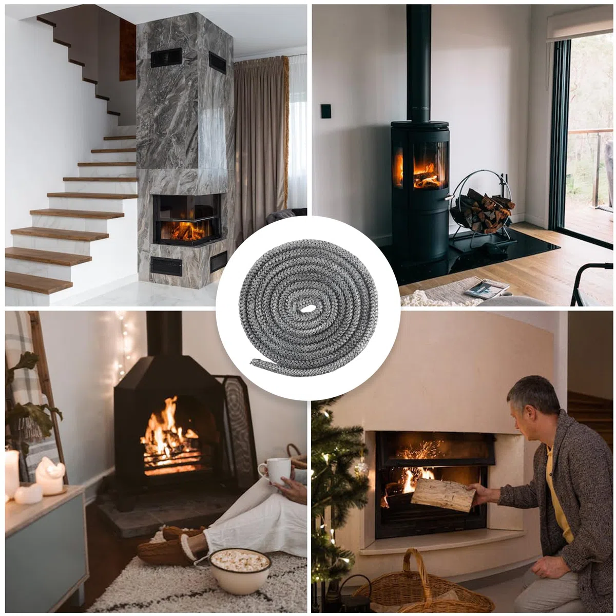 Guarnizione Stufa a Legna, Stufa a Legna in Fibra di Vetro, 6mm x 2,5m, con 4 Nastro per Giunti, Linea di Tenuta per Porte di Caminetti