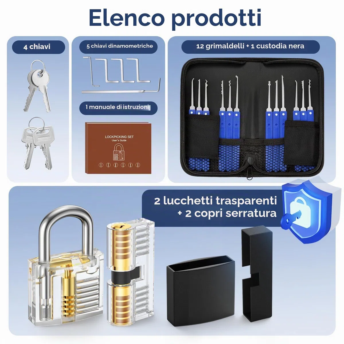 Eventronic Set Grimaldelli da 17 Pezzi, [2024 Regalo per i Principianti] Set di Grimaldelli Professionali con 2 Trasparente Serratura Lucchetto, Lockpicking Istruzioni per Principianti
