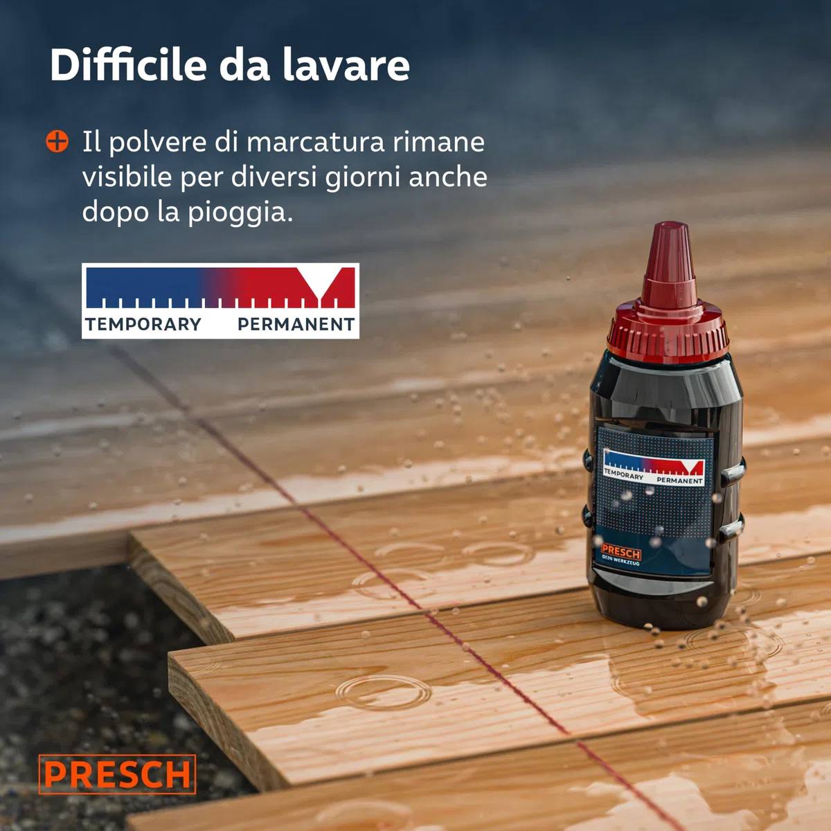 PRESCH Tracciatore a Filo da 30m con gesso rosso (150g) - Ritrazione rapida grazie al cambio 6:1 - Idrorepellente e resistente - Linea robusta per linee precise