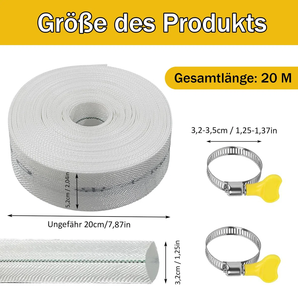 Tubo Piatto, 20 m Ø 32mm Tubo Flessibile con Fascetta Stringitubo, 1 1/4 Pollici Tubos Flessibile Manichetta di Scarico Piatto, per il Pompaggio in Piscina, Bianco