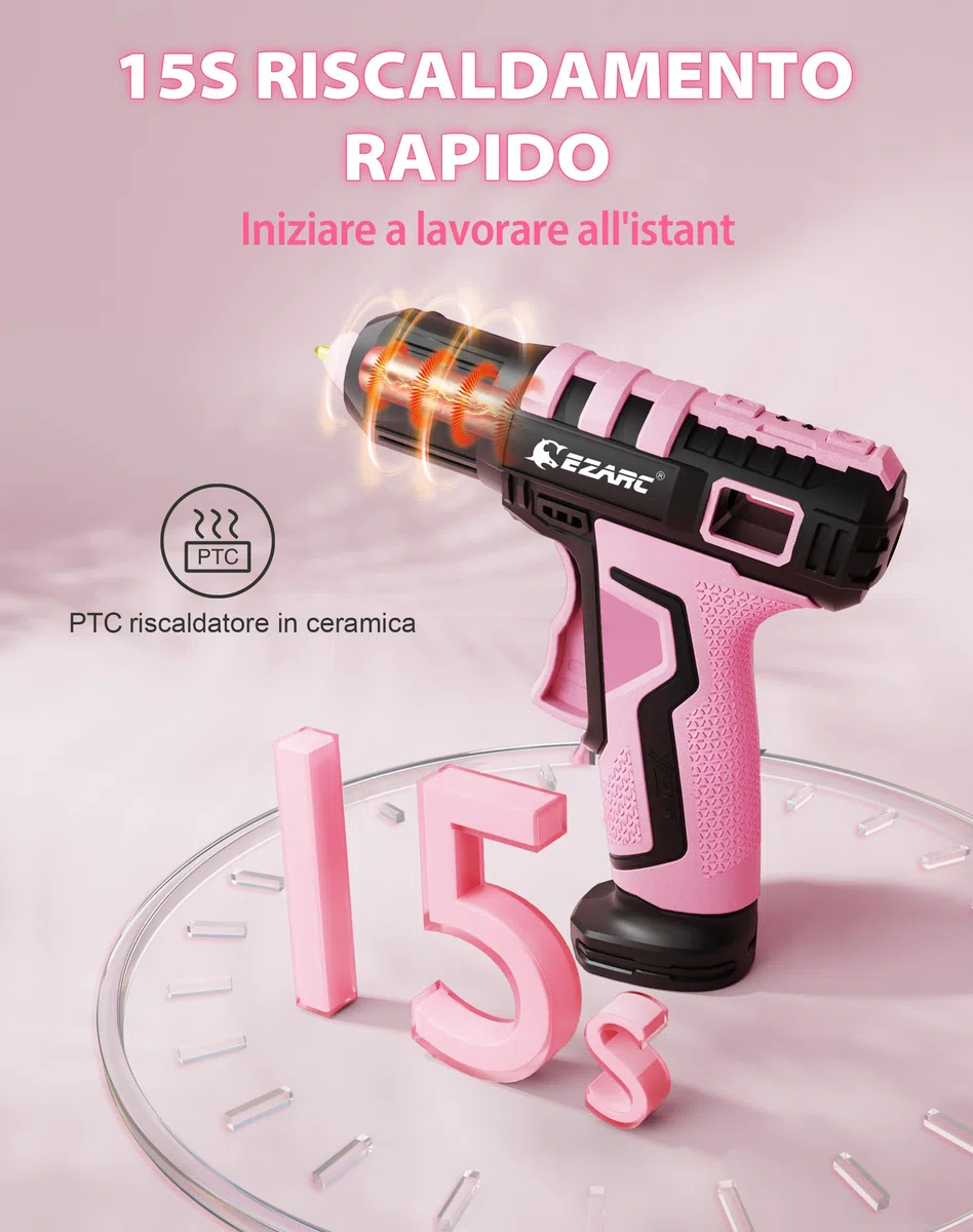 EZARC Pistola per Colla Calda Senza Fili, Riscaldamento Rapido in 15s, Pistola per Colla Calda con Batteria Set con Batteria al Litio da 2500 mAh & 30 Bastoncini per Arte, Artigianato, Decorazioni