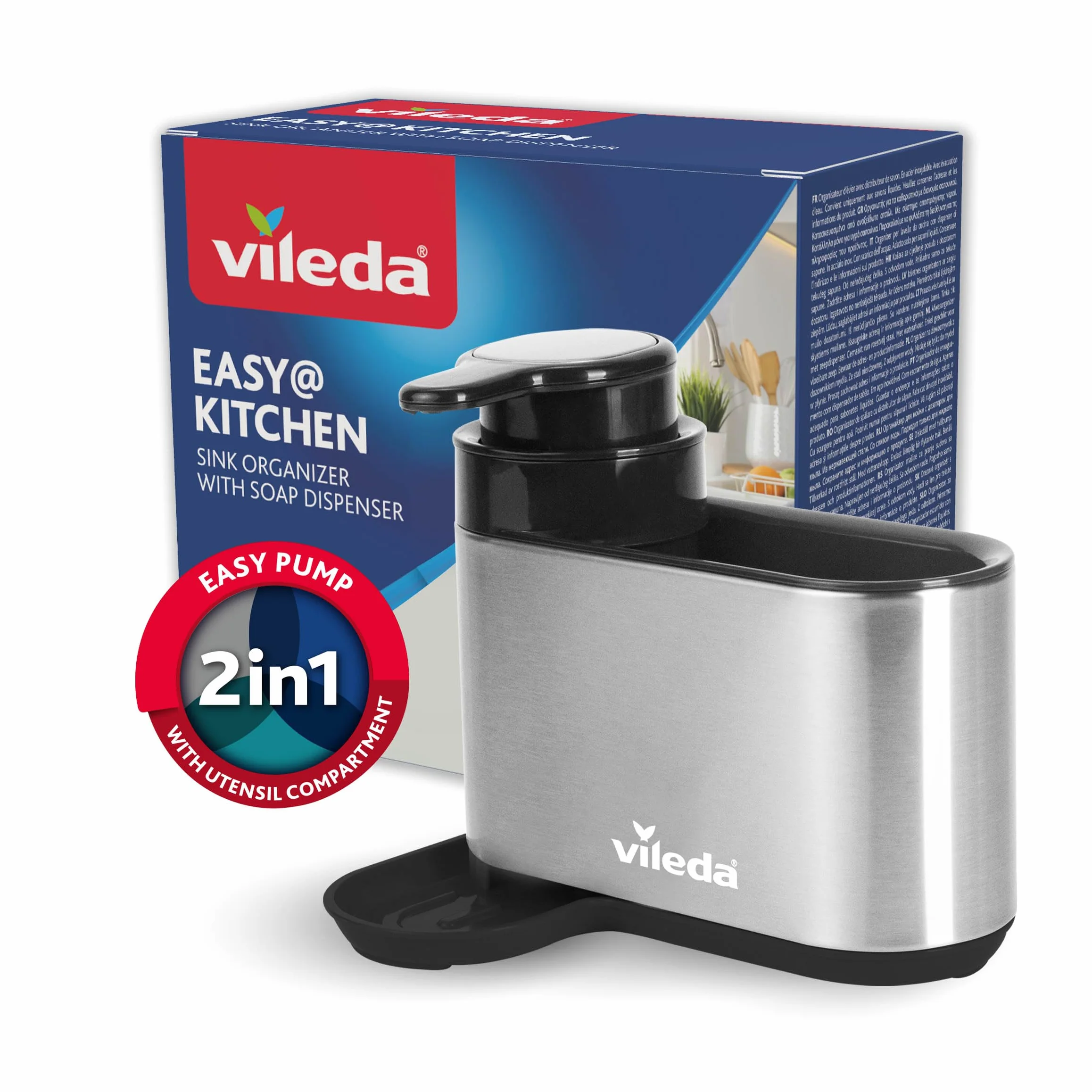 Vileda Sink Organizer con Dispenser di Sapone in Acciaio Inox - Porta Spugne da Cucina indipendente - Organizer Lavastoviglie con Dispenser di Sapone per Spugne e Spazzole - Durevole e Antiruggine
