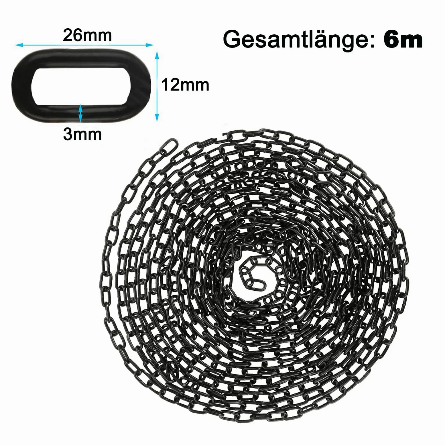 Catena nera 6 m 3 mm, catena di sicurezza per appendere recinzioni, catena a dondolo, poltrona sospesa, catena per lampada, catena per cani, catena girevole, asciugatura della catena in ferro zincato