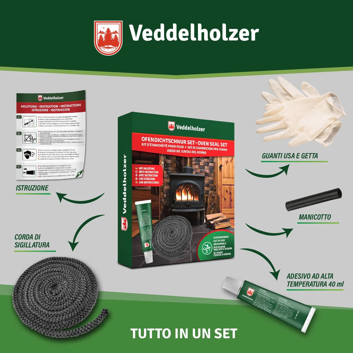 Set completo Veddelholzer Ø 8 mm nastro sigillante per stufe, guarnizione per forni, cavo sigillante, accessori per caminetti Incl. adesivo per alte temperature, guanti, manicotti e istruzioni