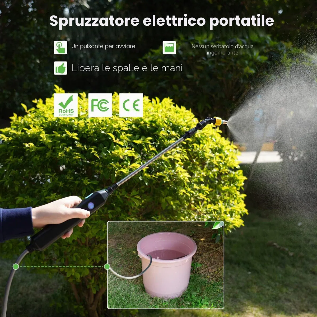 Pompa Irroratrice a Batteria 5V/2400mAh, Spruzzatore a Pressione Elettrico, Nebulizzatore Piante con 3 Ugelli e Tubi da 5M, Spruzzino Nebulizzatore Acqua Retrattile per Irrigazione