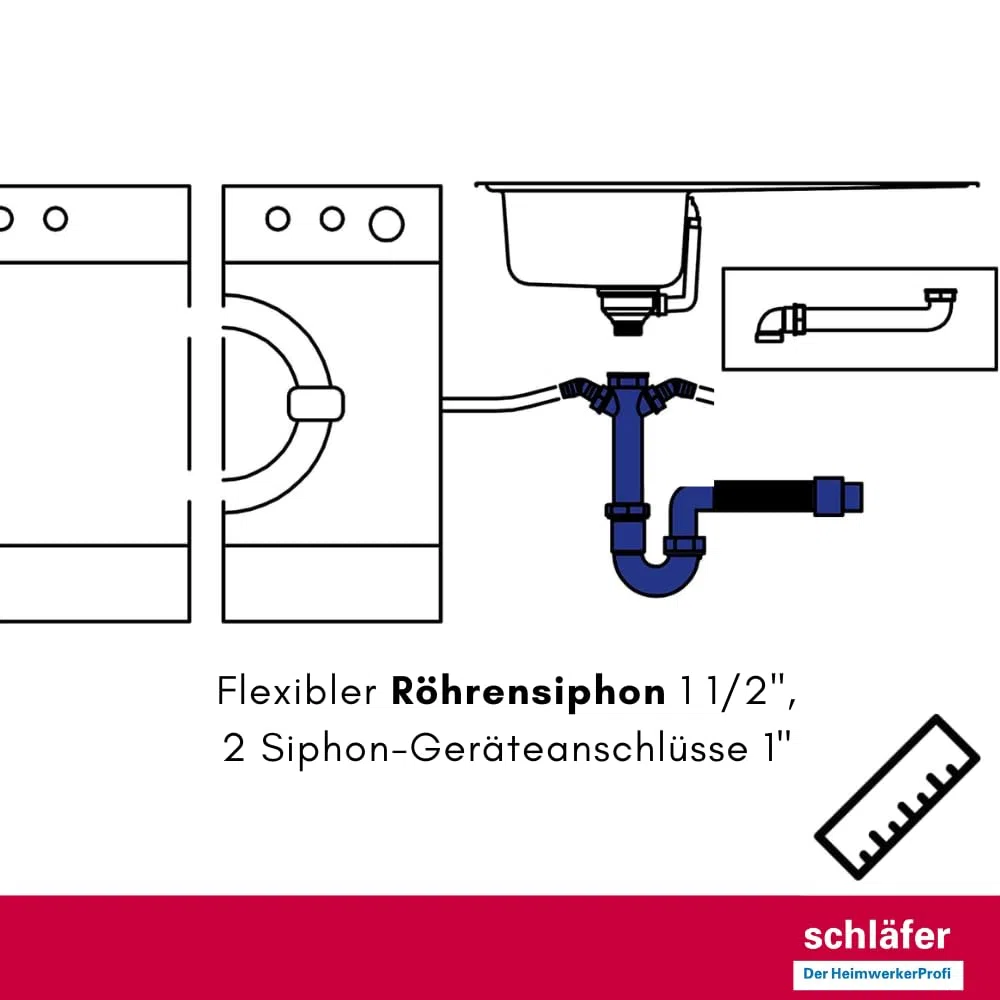 Schläfer 439305 | Sifone Universale con tubo flessibile Raccordo 1"1/2, Doppio Attacco per Lavastoviglie o Lavatrice, Connessione Usciata a Parete Diam. 40/50mm, Scarico Autopulente. Bianco