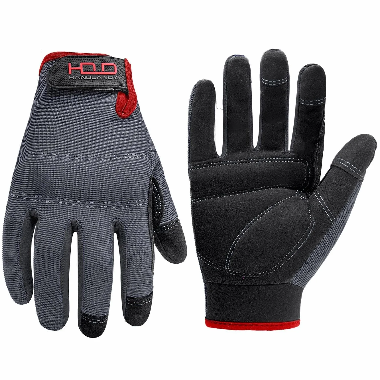 Handlandy - guanti da lavoro da uomo touchscreen, guanti da lavoro in pelle sintetica, dorso in Spandex flessibile e traspirante, nocche e palmo imbottiti, nero