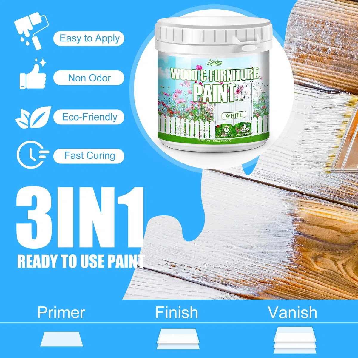 Vernice per Mobili in Legno - 500g di Vernice Bianca per Armadi, Porte, Tavoli da Pranzo e Sedie, Finitura Opaca ad Acqua, Non Tossica e a Bassa Odorizzazione, Asciugatura Rapida, Interno/Esterno