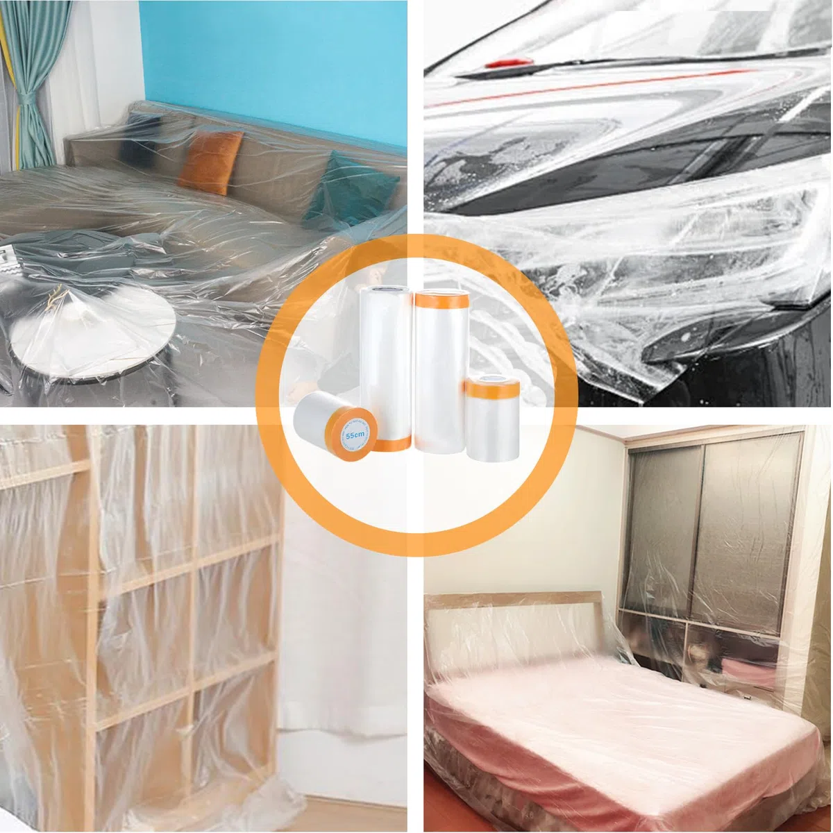 Bafumiu Set di 4 Teli Plastica per Imbiancare (80m totali) – Teli Copritutto per Imbianchino, Teli Plastica per Coprire (2 rotoli 55cm x 20m + 2 rotoli 150cm x 20m) – Teli per Imbiancare Autoadesivi.