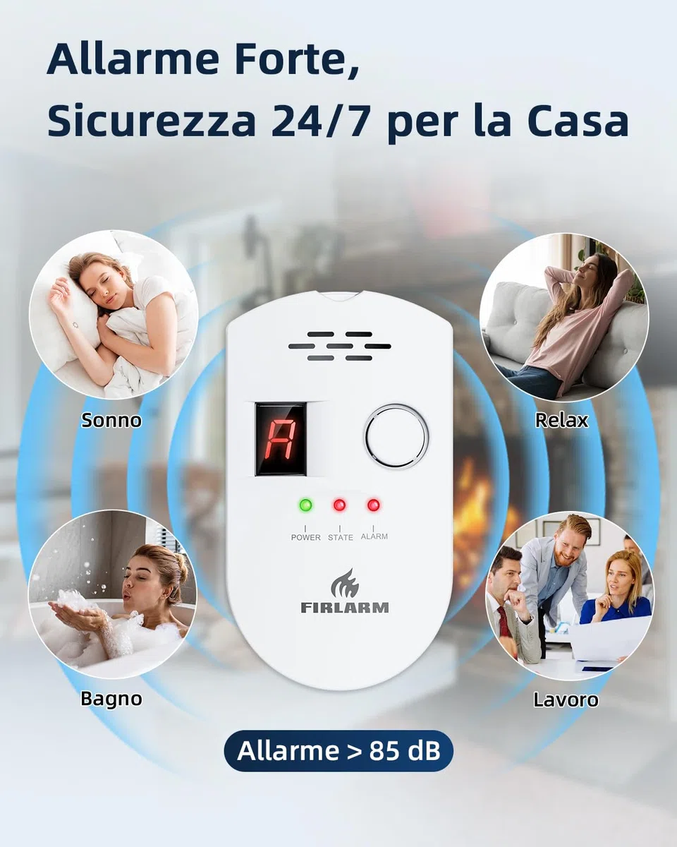 Firlarm - Rilevatore di Fughe GPL/Gas Naturale/Carbone, Monitor di Metano e Propano Butano, Allarme Gas Portatile con Display LCD, per Casa, Officina e Camper (white)