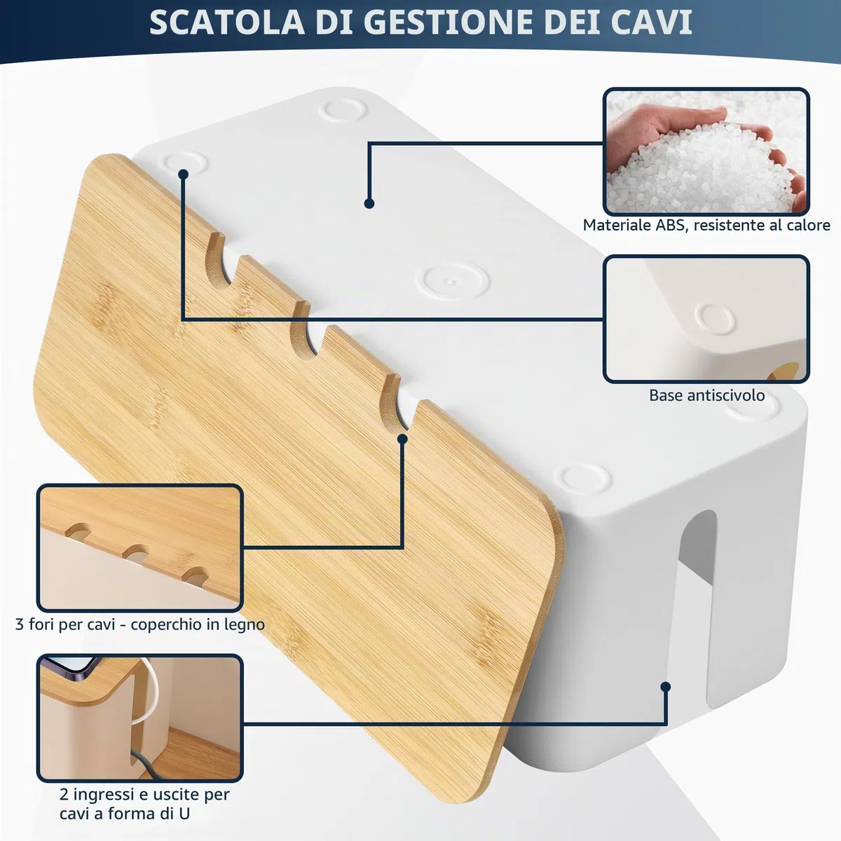 Scatola Porta Cavi, Set di 3 Scatole Nascondi Cavi con Coperchio in Legno, Scatola Cavi Organizer con 20 Fascette per Nascondere e Organizzare i Cavi, Grandi, Medie e Piccole