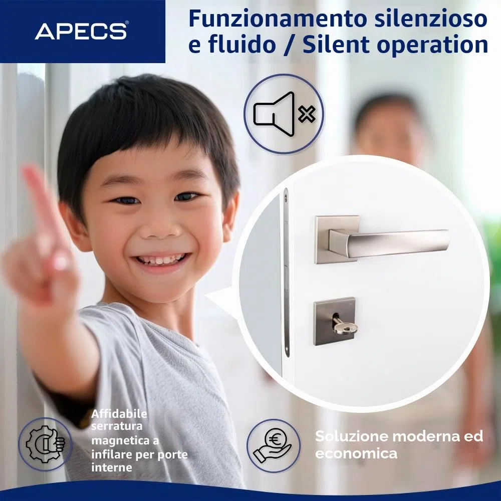 APECS Serratura magnetica ad incasso, moderna, silenziosa, con gancio per porte interne di casa e ufficio, modelli APECS 5300-MC-PZ (con cilindro profilato)