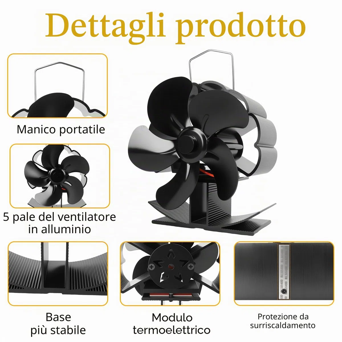 Ventilatore Per Stufa 5 Pale, Ventilatore per Camino, Protezione dal Surriscaldamento, Ventilatori per Stufe a Legna, Senza corrente Silenziosa ed Efficiente per Camino/Pellet/Gas