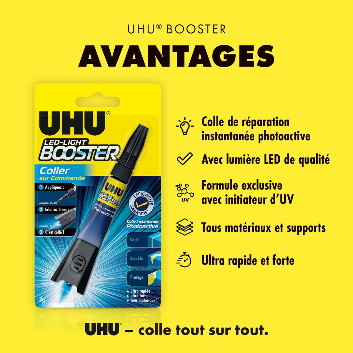 UHU Booster - Colla istantanea, attivata con lampada UV inclusa, colla, ripara, riempimento, protegge, trasparente, tubo 3g