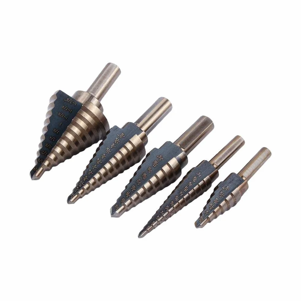 Yosoo HSS 5 Pz Set di Fresa Conica a Gradini a Gradini Cono Trapano Set Coated High Speed Steel con Aluminum Box
