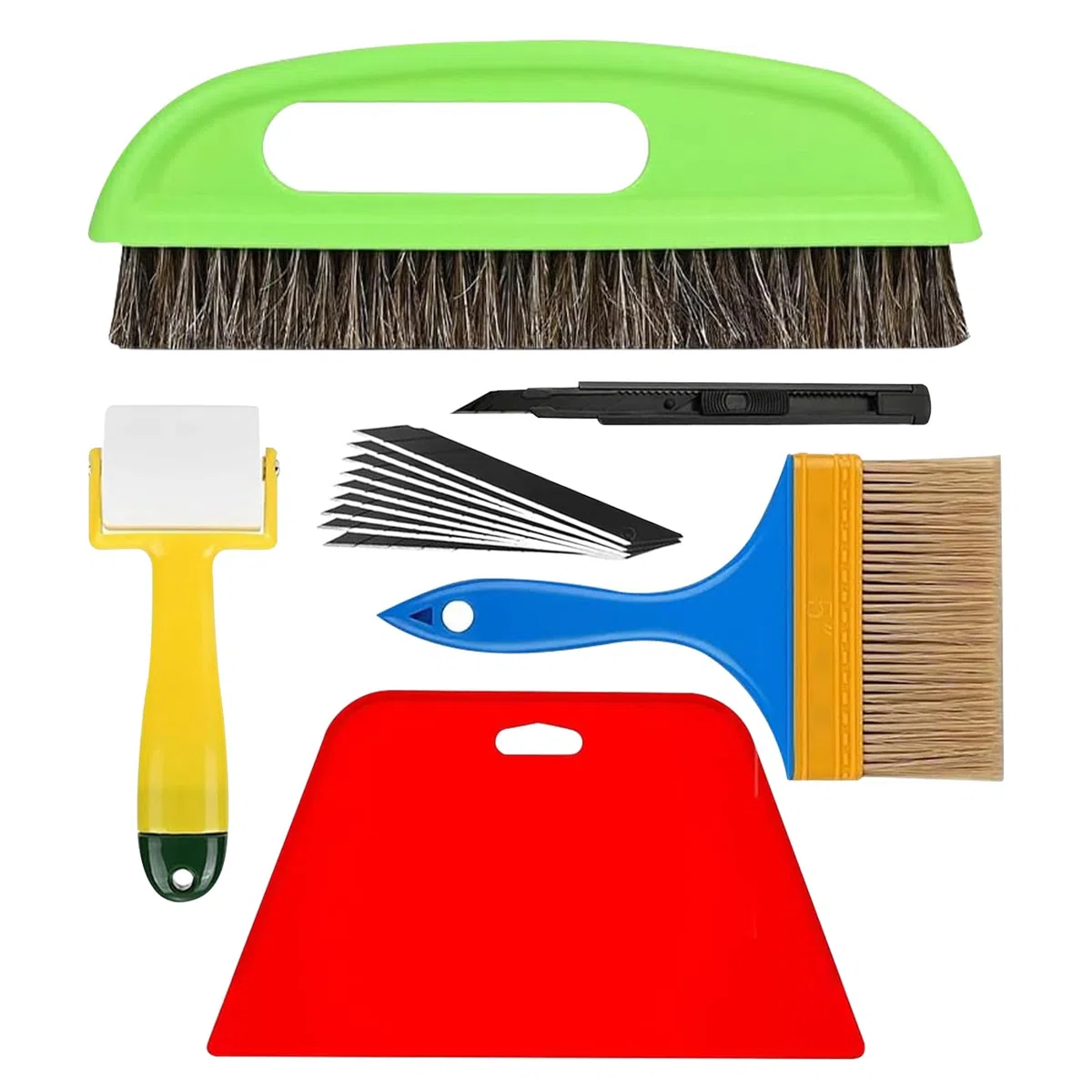 Set di 6 attrezzi per tappezzeria, set di strumenti inclusi carta da parati, spazzola per tappezzeria, coltello da tappezzeria, carta da parati, set di tappezzeria per contatto adesivo, pellicola per