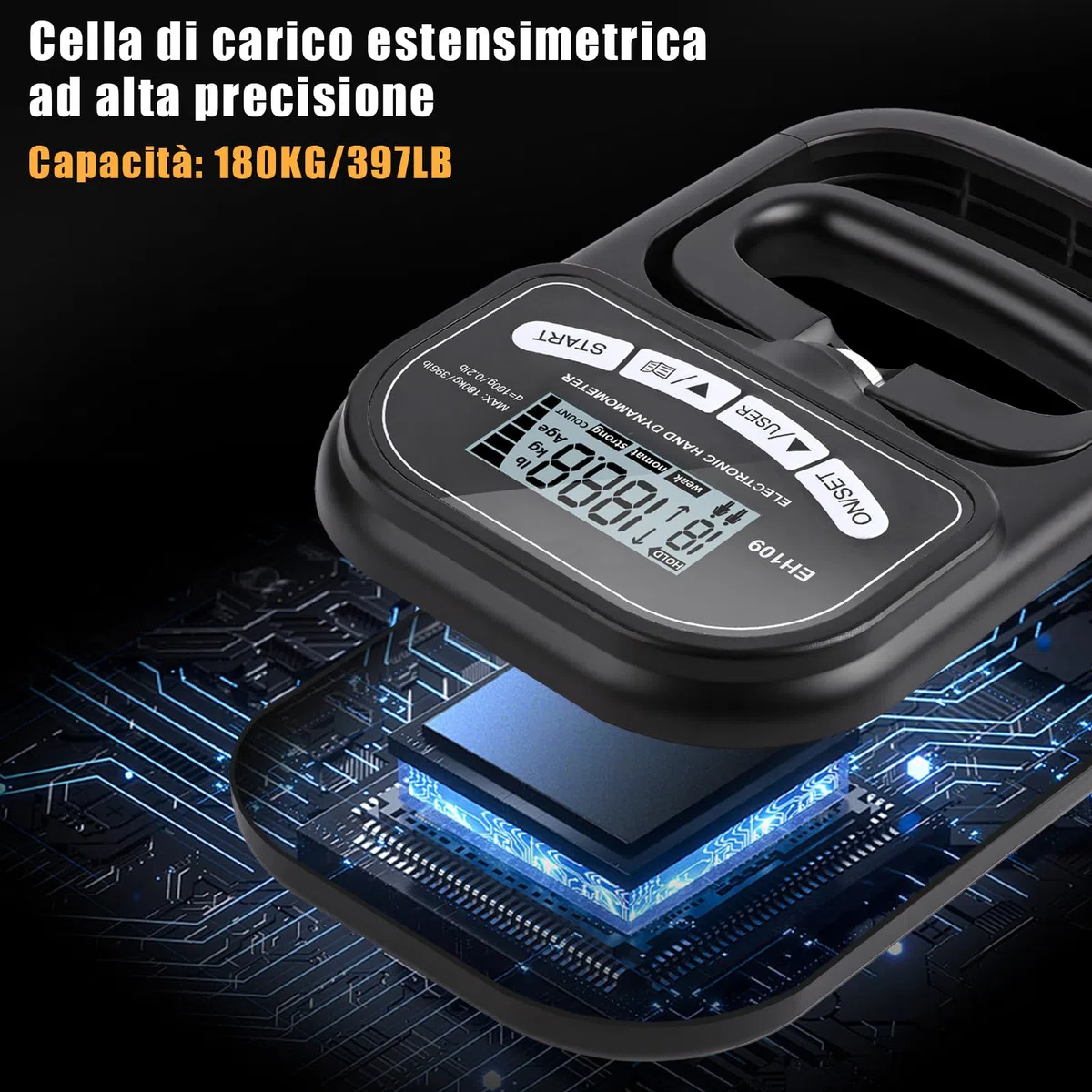 Dinamometro Digitale Portatile per Misurazione della Forza di Presa, Misuratore Elettronico di Forza con Acquisizione Automatica, Strumento di Precisione per Test di Resistenza(180KG)