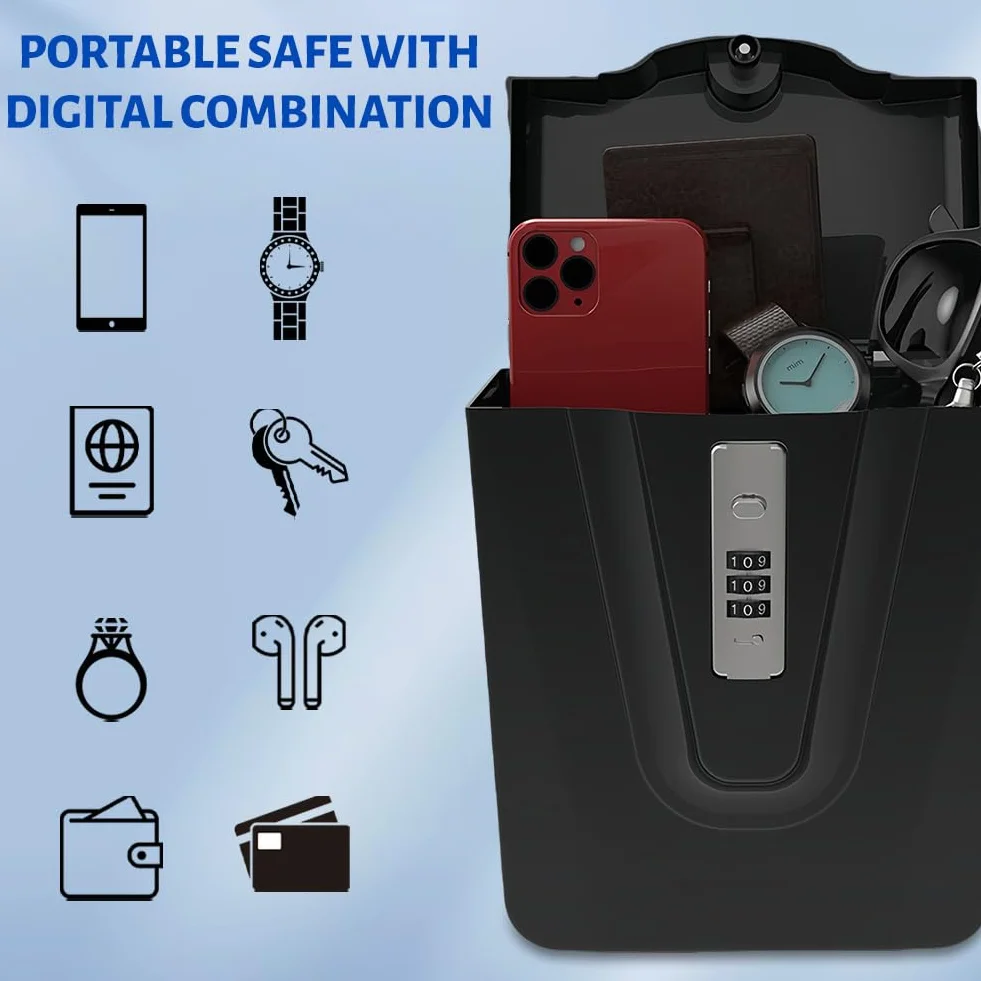 Flintronic Cassaforte Portatile, con Rimovibile Fune Metallica, Cassetta di Sicurezza Combinazione per Telefono, con Serratura a Combinazione, per Spiaggia Auto Ufficio Vacanze