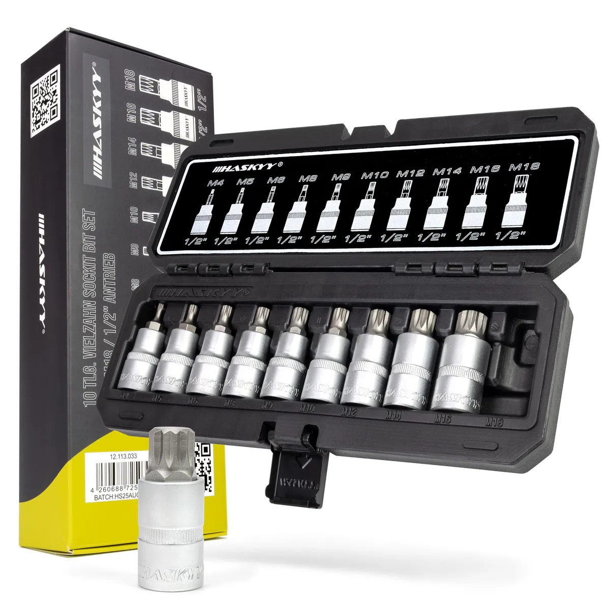 Set di chiavi a bussola XZN multi-dente con bit 1/2", 10 pezzi, M4, M5, M6, M8, M9, M10, M12, M14, M16, M18