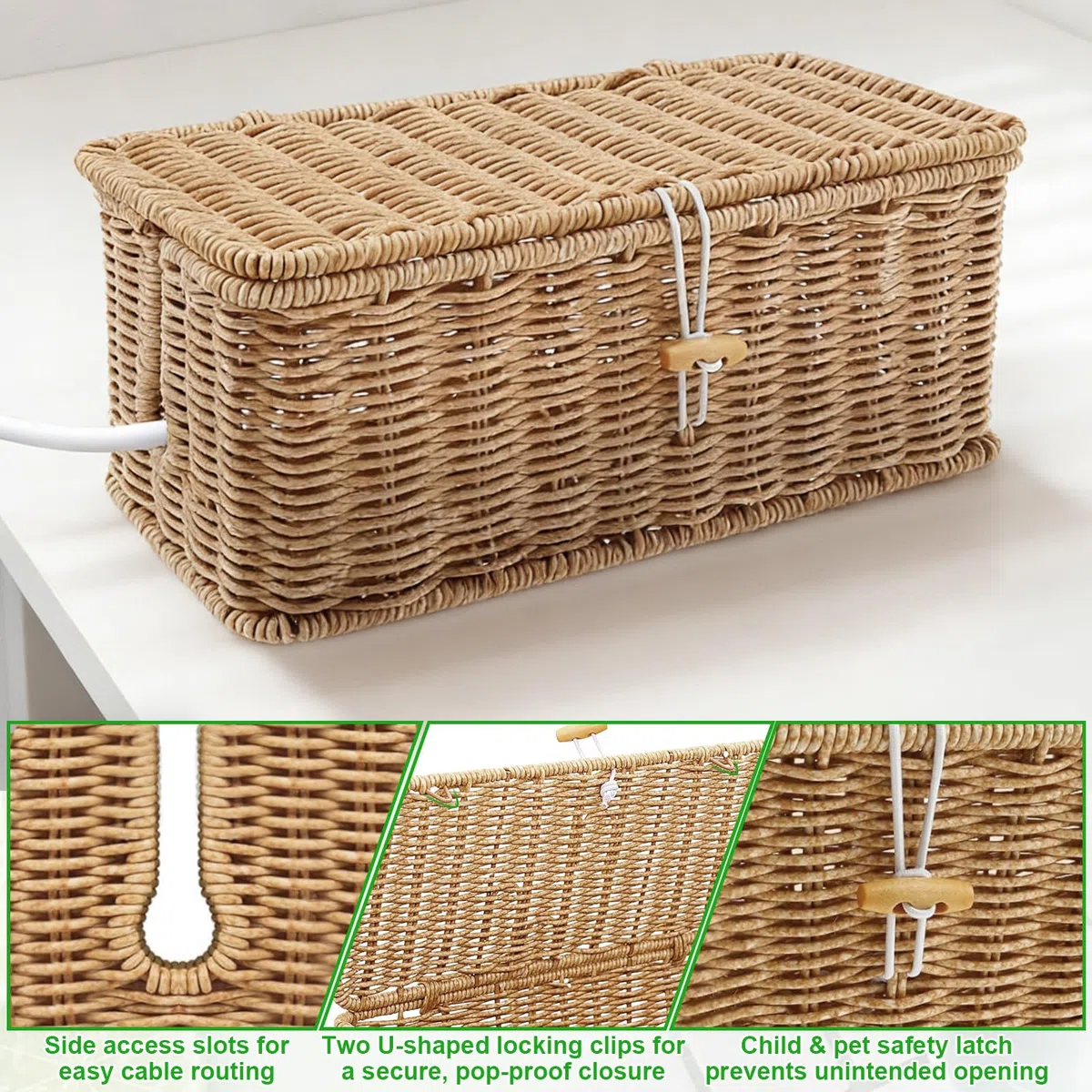 Scatola Portacavi Rattan con Coperchio, Scatola Gestione Contenitore Multipresa Rattan Sintetico, Organizzazione Grovelli Organizer Prolunghe Elettrici Prevenzione Grovigli per Casa Ufficio Scrivania