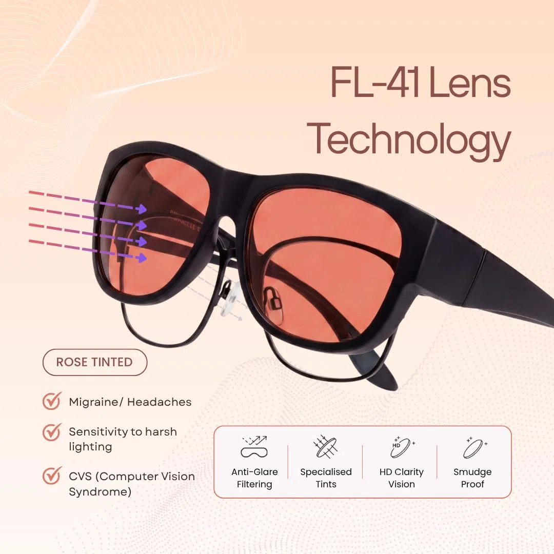 BRADDELL FL-41 Rose Fit-over Occhiali con lenti intercambiabili FL-60 per emicrania e abbagliamento LED fluorescente (grande), Fl-41, Standard