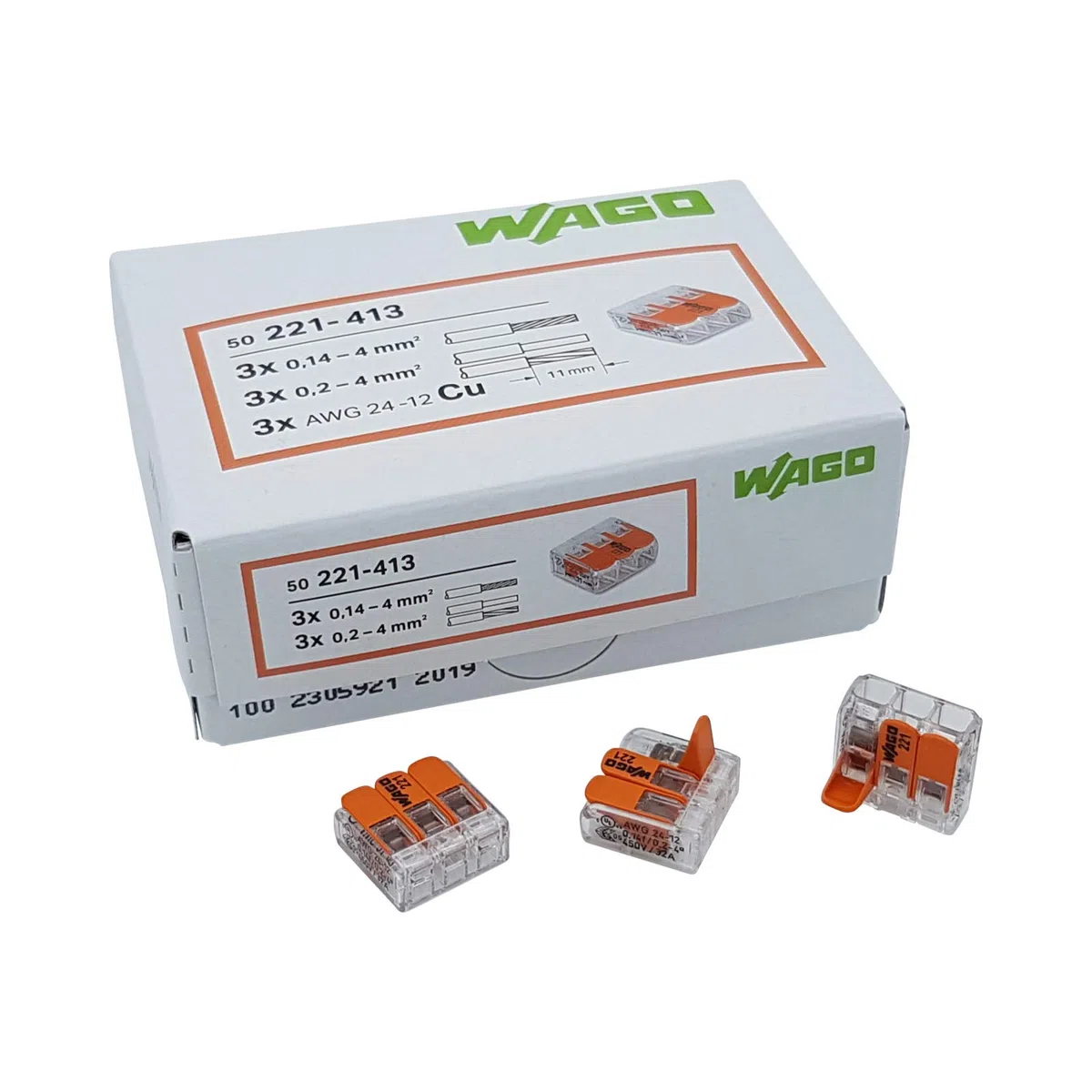 WAGO Terminale plug in 3 vie con cavo per rigid (0,2 – 4 mm²) e cavi flessibili (0,14 – 4 mm²) per aprire again, trasparente/arancione, contenuti: 50 pezzi