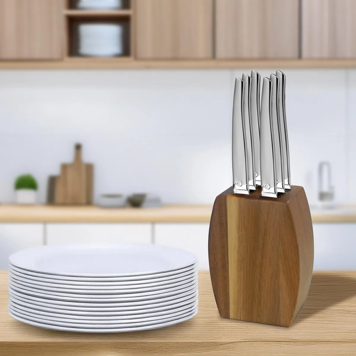LOU LAGUIOLE - Blocco di legno di acacia con 6 coltelli da bistecca - Jet - 13 C acciaio inossidabile, finitura sabbiata - 9 x 5 x 12 cm - legno