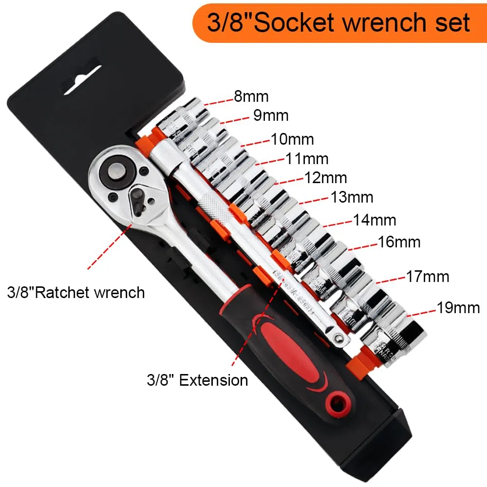 12 Pezzi Set di Chiavi a Bussola a Cricchetto Reversibile da 3/8" Set di Chiavi a Cricchetto CR-V Inserti per Punte Esagonali da 8-19 mm e Prolunga Adattatore da 3/8" (6 Pollici)