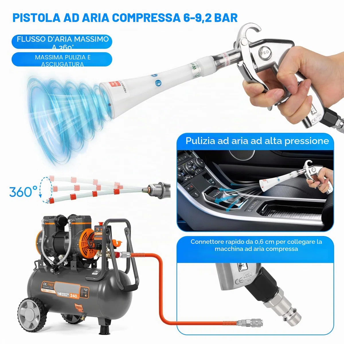 Pistola per la Pulizia a Secco,6-9.2Bar, Pistola Aria Compressa alta pressione con 2 set di ugelli, pulizia interna dell'auto per la tappezzeria del veicolo, sedili in moquette