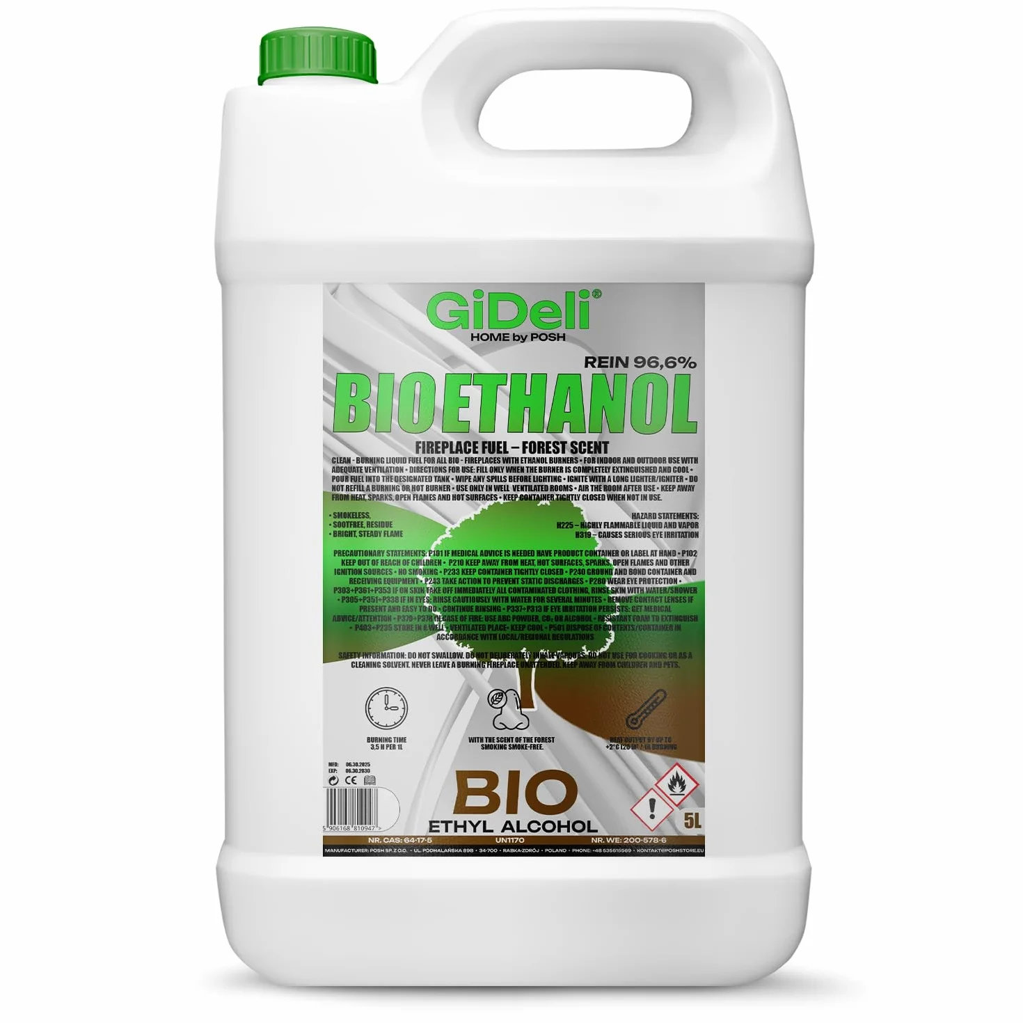 GiDeli bioetanolo 5l profumo di bosco 96,6% etanolo per caminetti interni ed esterni senza fumo e fuliggine - Da mais e barbabietole da zucchero