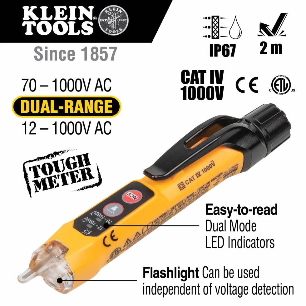 Klein Tools NCVT3P | Dual Range Tester Di Tensione Senza Contatto Con Torcia | 12 A 1000 V AC | Rilevazione Senza Contatto | Compatto E Robusto