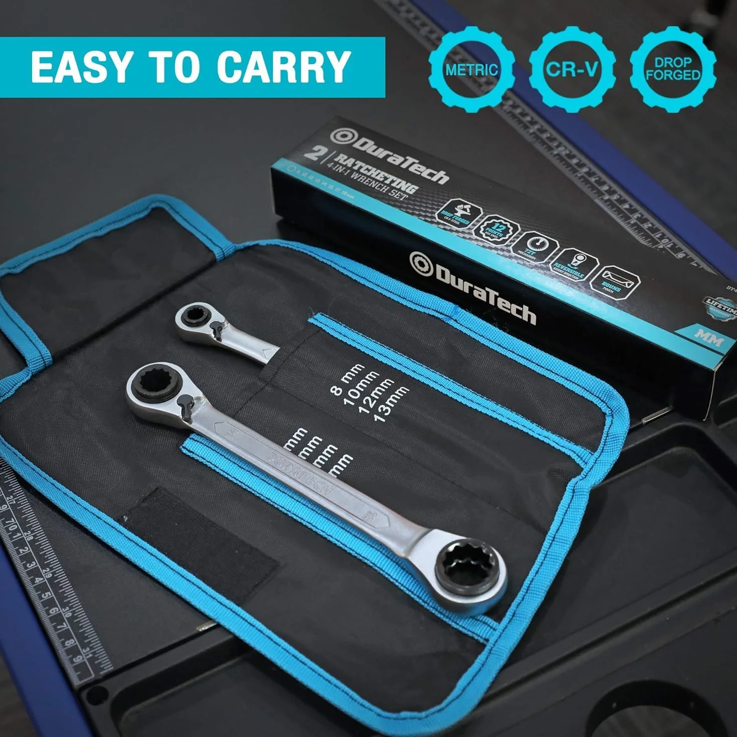 Duratech Set di 2 chiavi a cricchetto reversibile 4 in 1, 8 - 19 mm, chiavi a cricchetto a doppio anello metriche, 72 denti, in acciaio al cromo vanadio, con astuccio arrotolabile