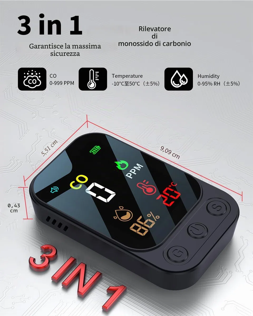 Rilevatore di monossido di carbonio portatile 3 in 1, rilevatore di monossido di carbonio ricaricabile con indicatore di temperatura dell'umidità, portatile per casa, roulotte, campeggio, nero