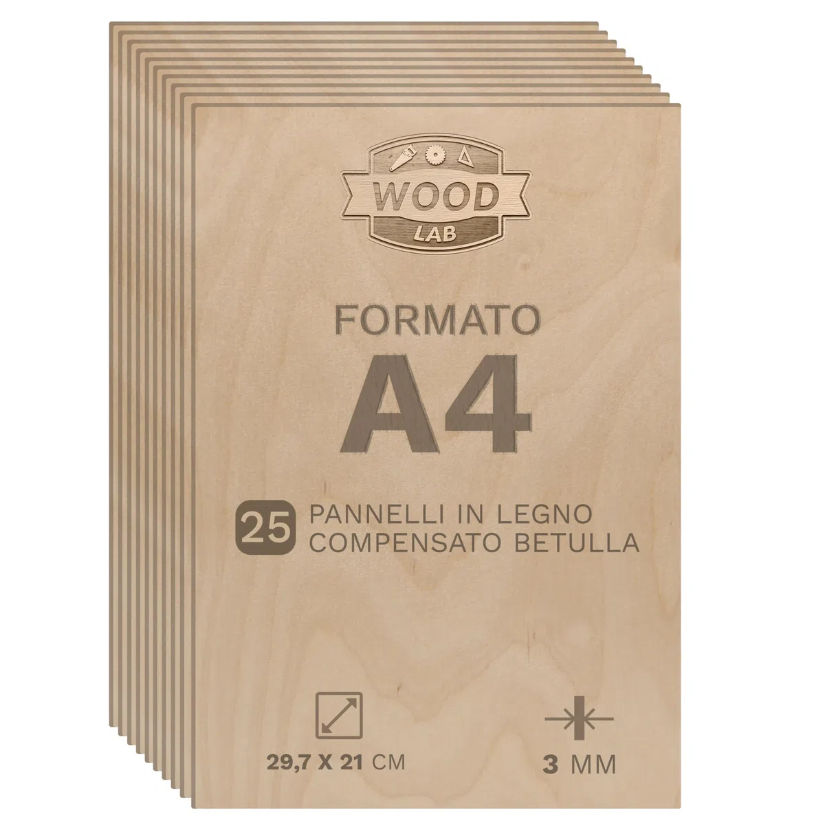 Wood Lab 25 x A4 Pannelli in Compensato di Betulla |3mm (±0,5mm) 29,7x21cm A4 |Pannelli in Legno Grezzo per Artigianato, pirografia, traforo, CNC, Laser, Legno Decorativo, decoupage, Incisione (25)