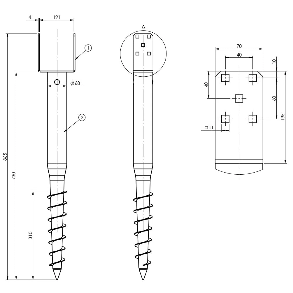 PWU - Manicotto di ancoraggio a terra a vite per ancoraggio a terra CE 70/685 o 80/685 (PWU 120/865 mm)