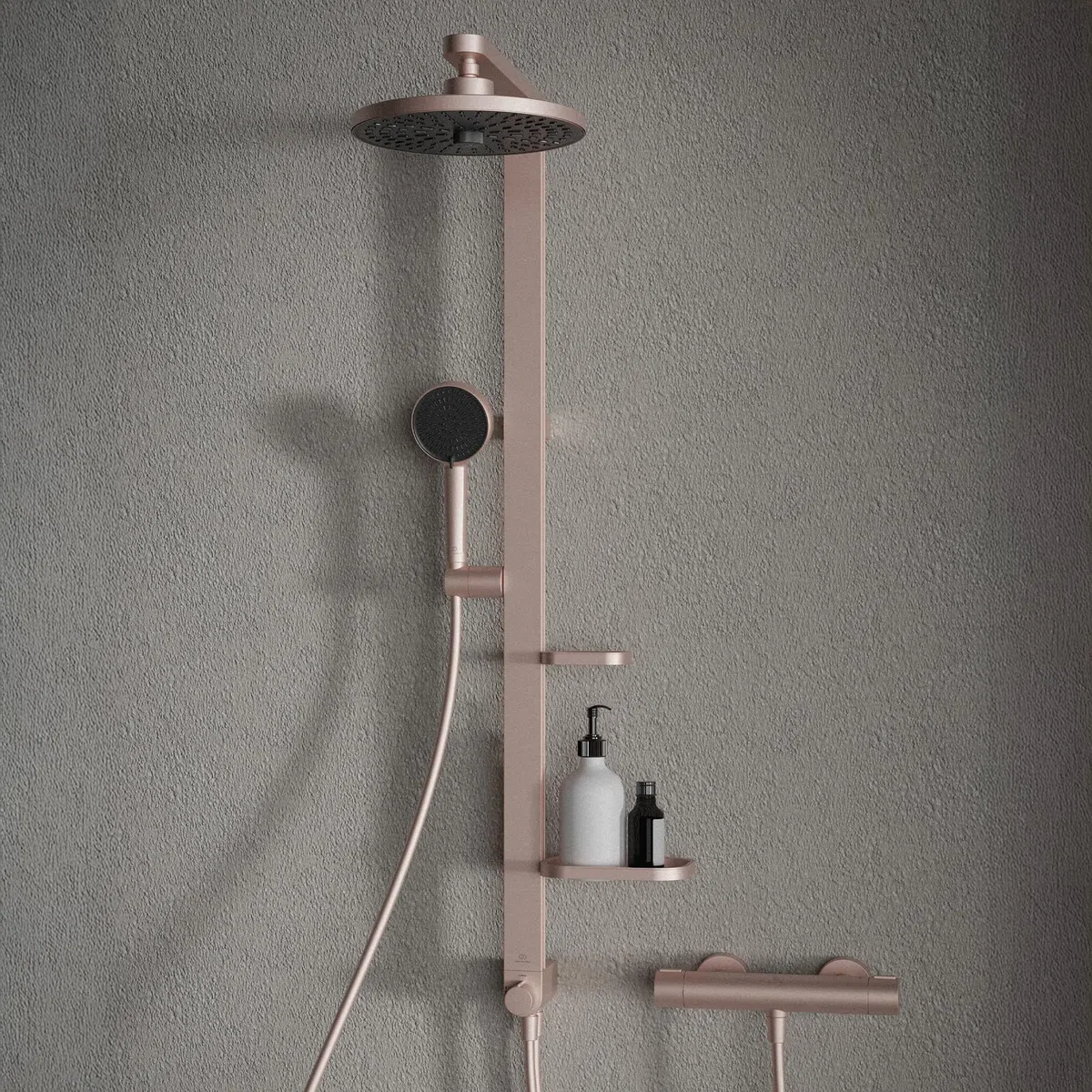 Ideal Standard Ceratwist Alu+ Colonna doccia, Realizzata con l'100% di alluminio riciclato, doccia a risparmio idrico con tipi di getto variabili – Rosé (338x501x1104 mm)