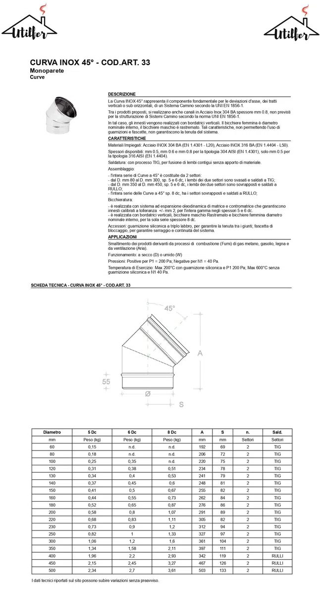 Curva 45 Gradi Inox AISI 304 Canna Fumaria 200 MM