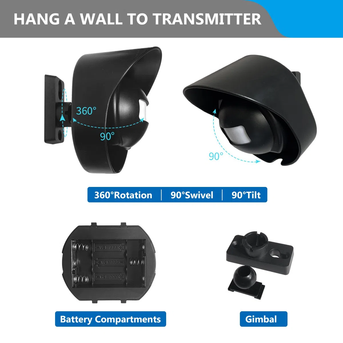 Vegena Allarme vialetto, campanello senza fili, campanello di movimento, rilevatore di passaggio, 38 suonerie, display a LED blu (1 ricevitore, 2 trasmettitori)