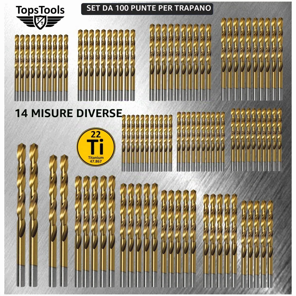 100 punte elicoidali TopsTools TT100TW 1 mm - 10 mm, dimensioni miste, rivestite in titanio HSS, scatola di immagazzinaggio per legno, plastica, rame, ottone, compatibile con Bosch e molti altri