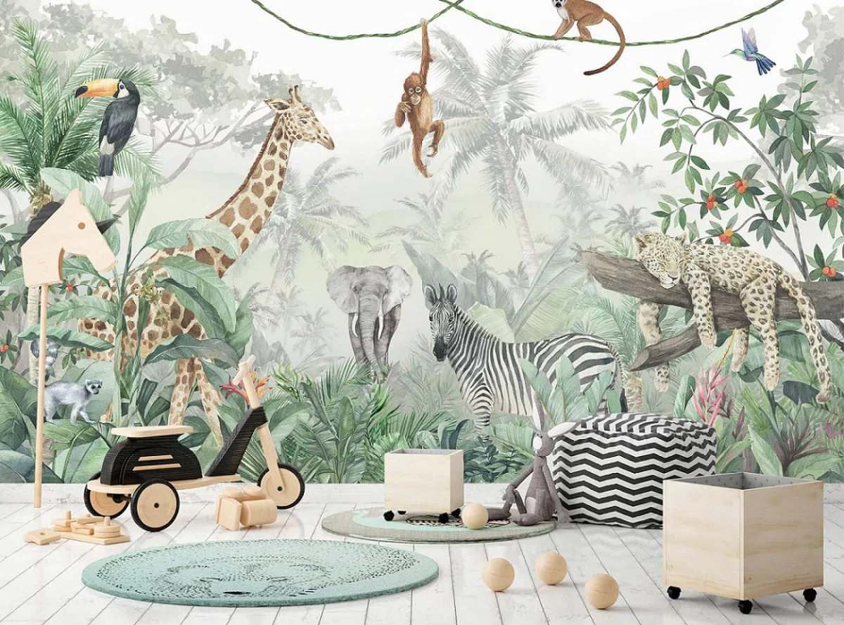 Carta Da Parati 3D Moderna 350X250（Larghezza x Altezza） Moderna Animale Della Giungla Fotomurali Moda Decorazione da Muro XXL Poster Gigante Design Carta per pareti