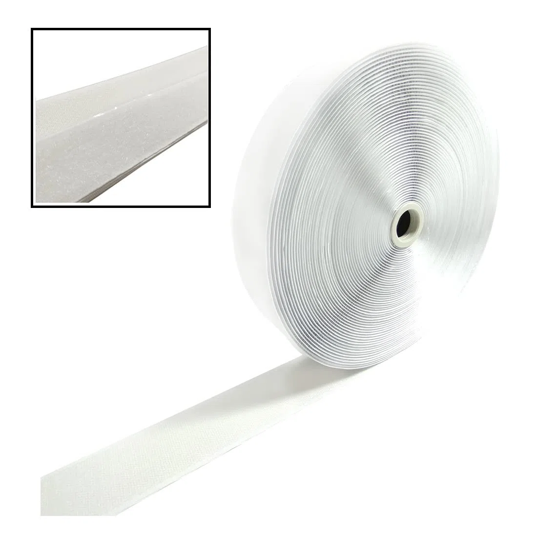 25 Metri con Adesivo - Solo un Lato: Gancio - Nastro di Chiusura per Attaccare Tende, Tappeti, Tessuti, Zanzariere, Quadri, Adesivo Forte, Gancio e Anello, Bianco, 30 mm, Nylon