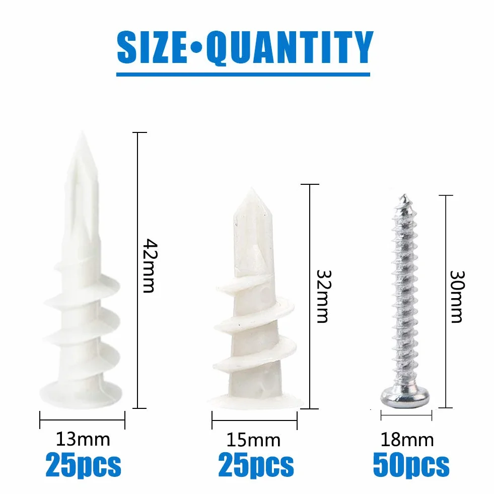 100 pezzi 2 misure di tasselli in plastica per cartongesso tasselli autoperforanti a parete cava con kit di assortimento di viti