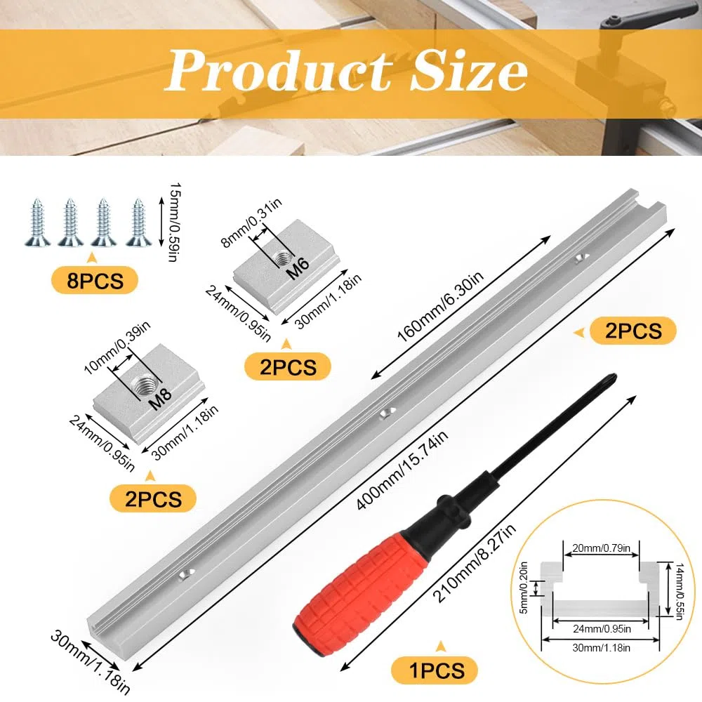 2 Pezzi T Track Alluminio 400MM Profile T Track Binari a T Metrici per Router Table Saw per Falegname con 2 Cursori M6, 2 Cursori M8, 8 Viti, 1 Cacciavite