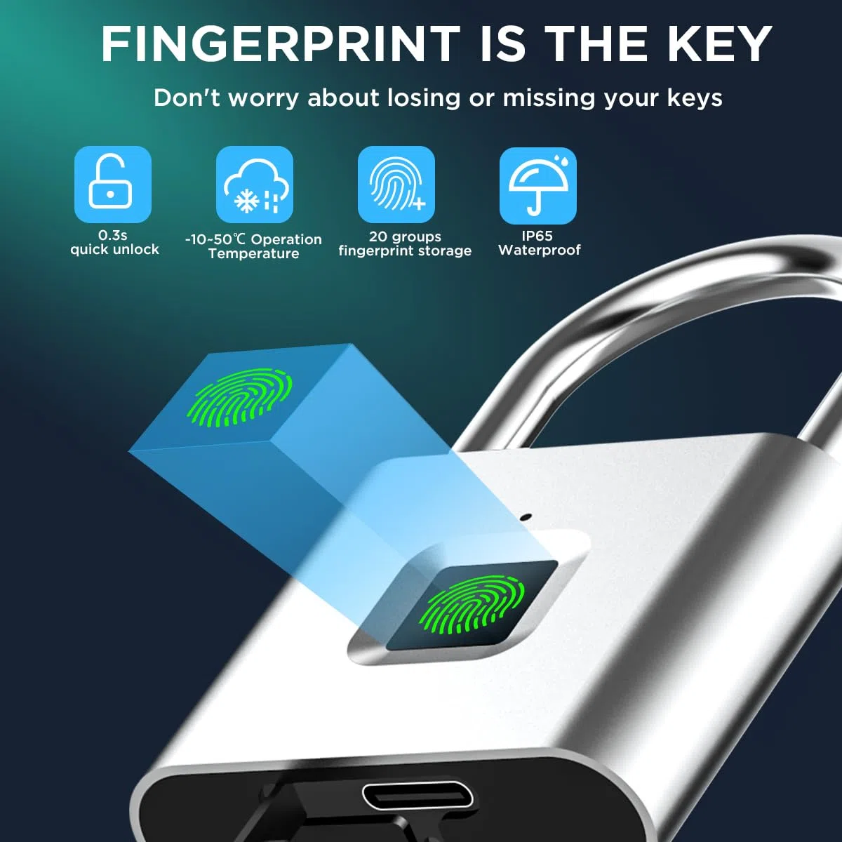 AICase Lucchetto digitale con impronte digitali, ricaricabile USB senza chiave, IP67, impermeabile, per interni ed esterni, colore: argento