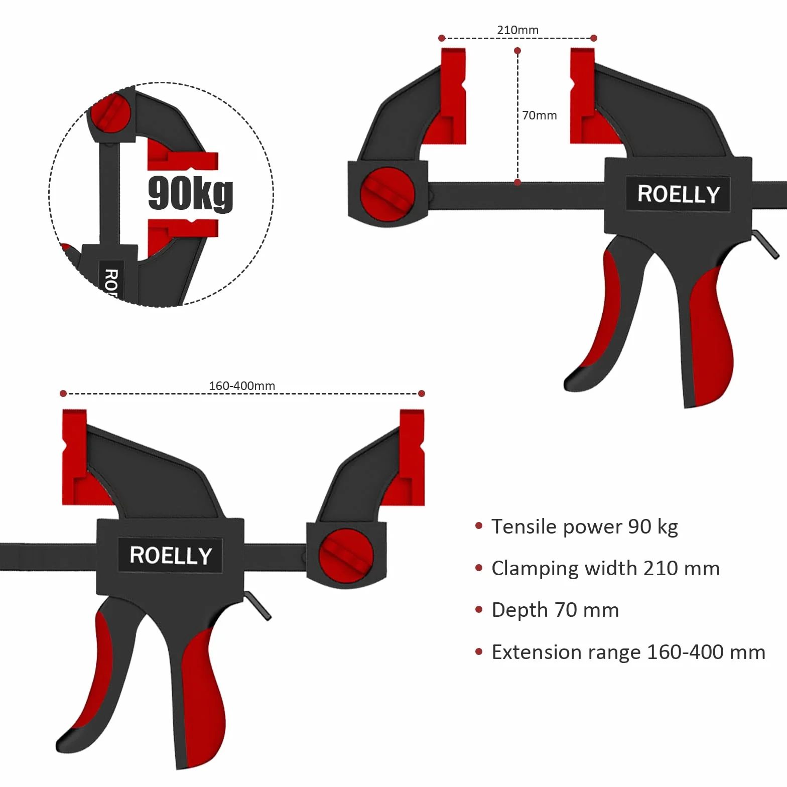 ROELLY Set Morsetti da Falegname, Apertura 200 mm, Intervallo 400 mm, Forza 71 kg
